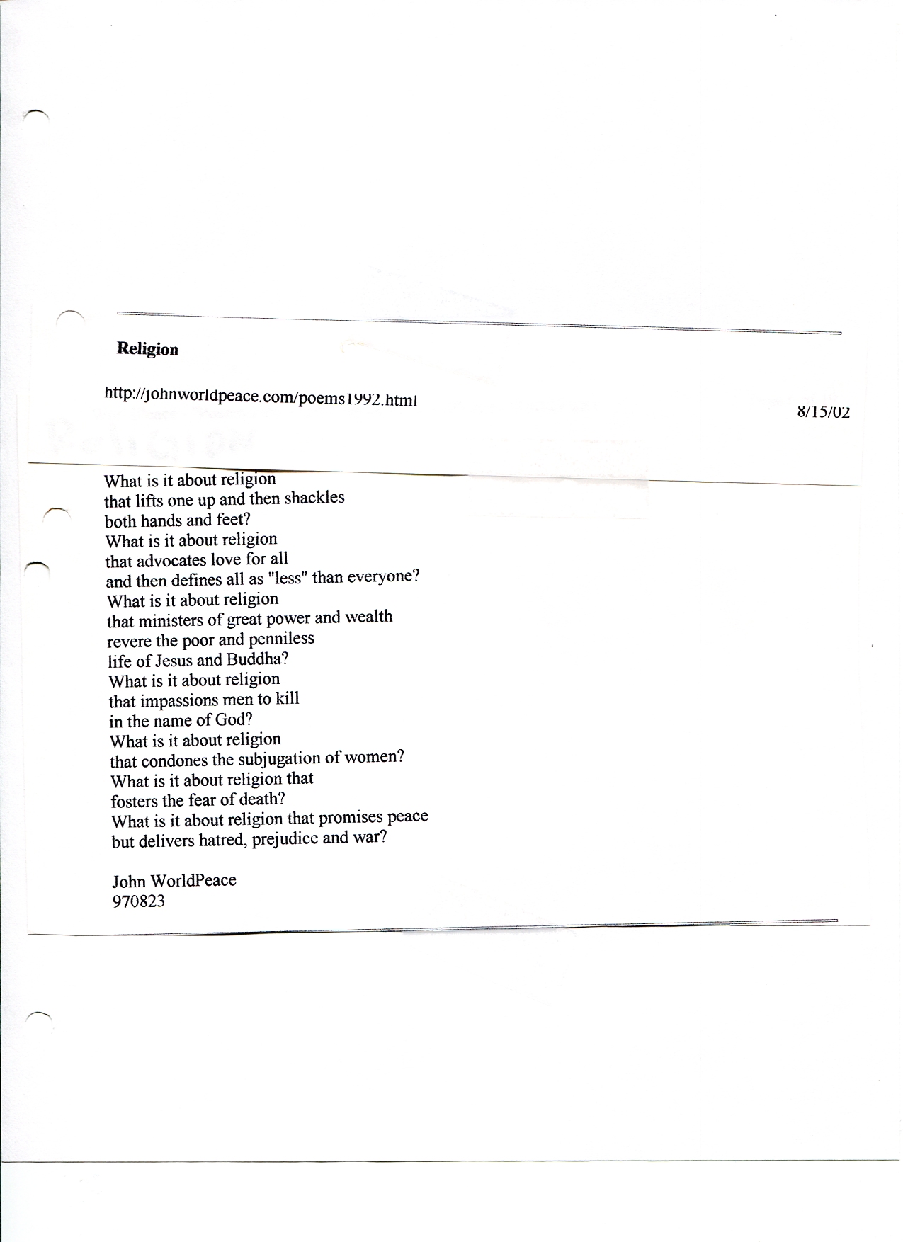 John WorldPeace Poems 1997 | World Peace Poems